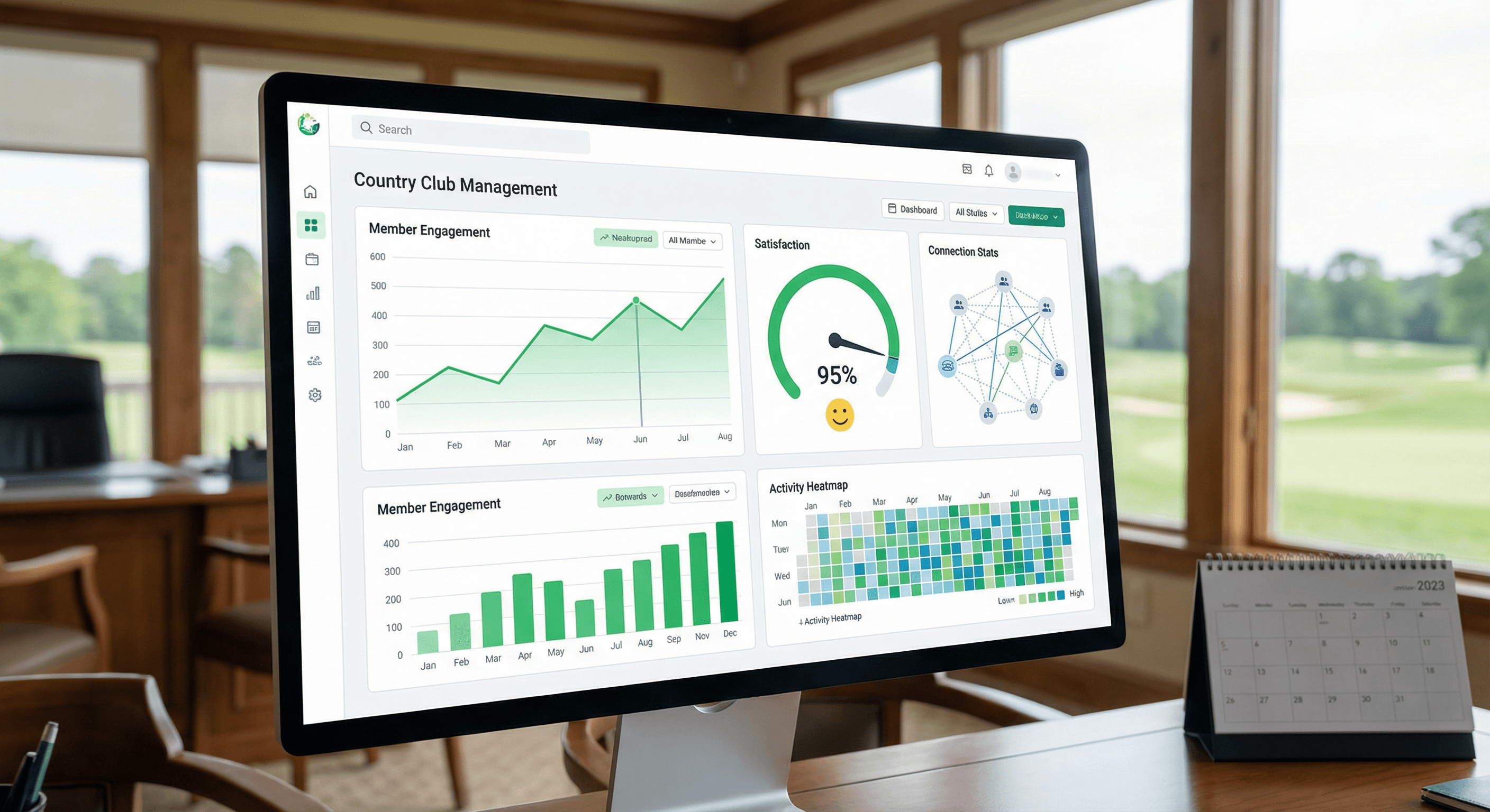 Networkli country club member engagement analytics dashboard showing satisfaction scores, connection statistics, and activity heatmaps for club management