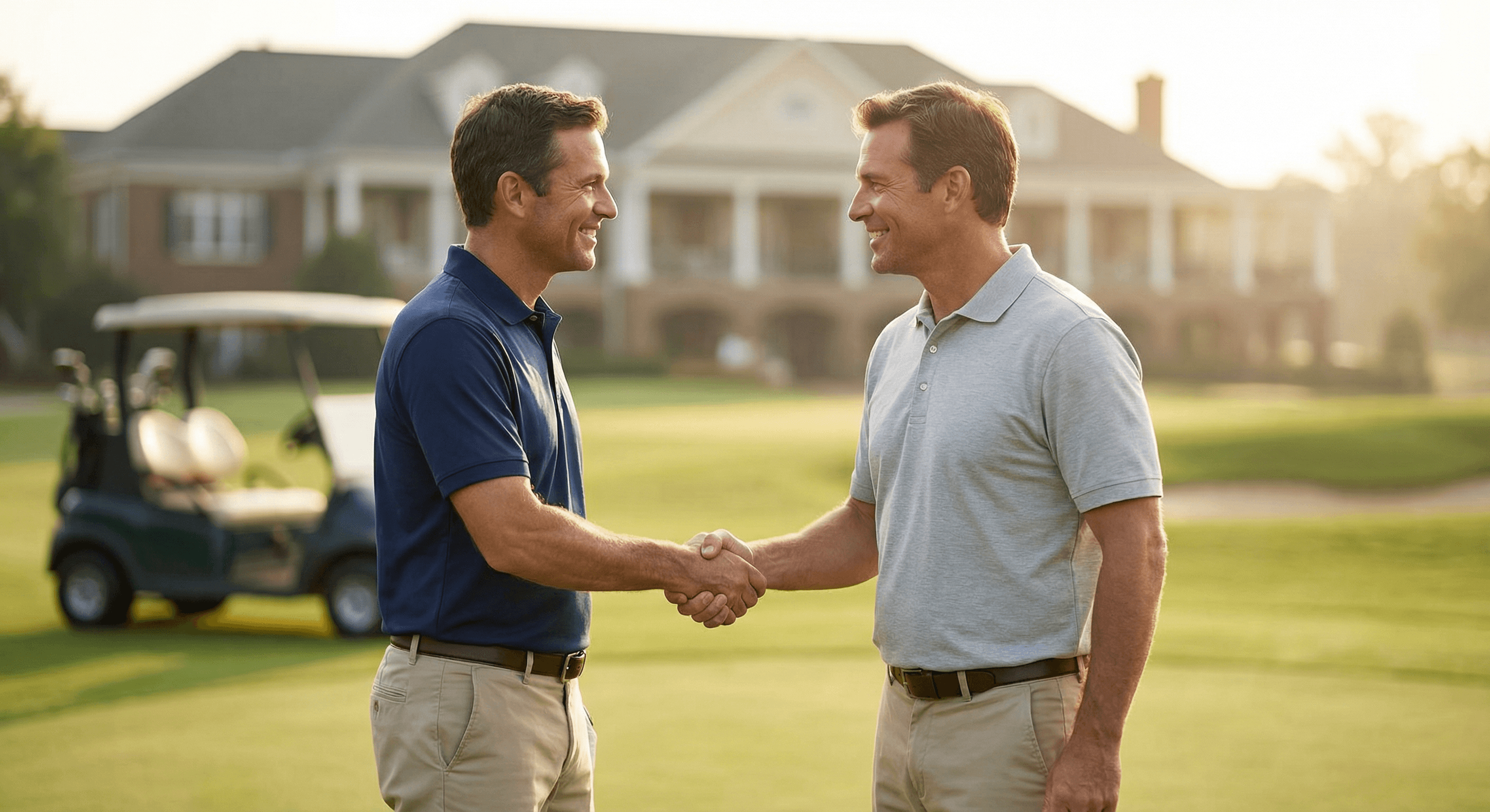 Two golfers shaking hands on a country club golf course after a matched round through Networkli golf partner finder
