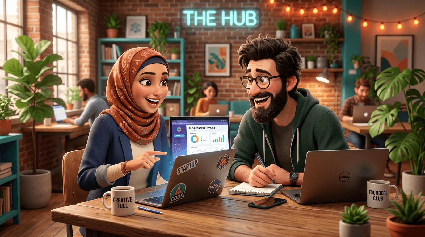 Two founders collaborating side by side on laptops