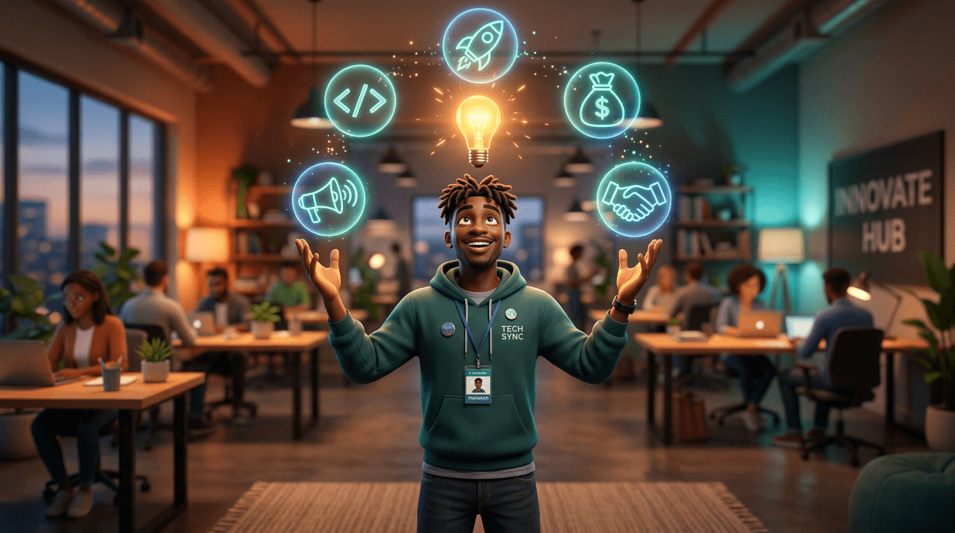 Founder surrounded by floating icons representing opportunities