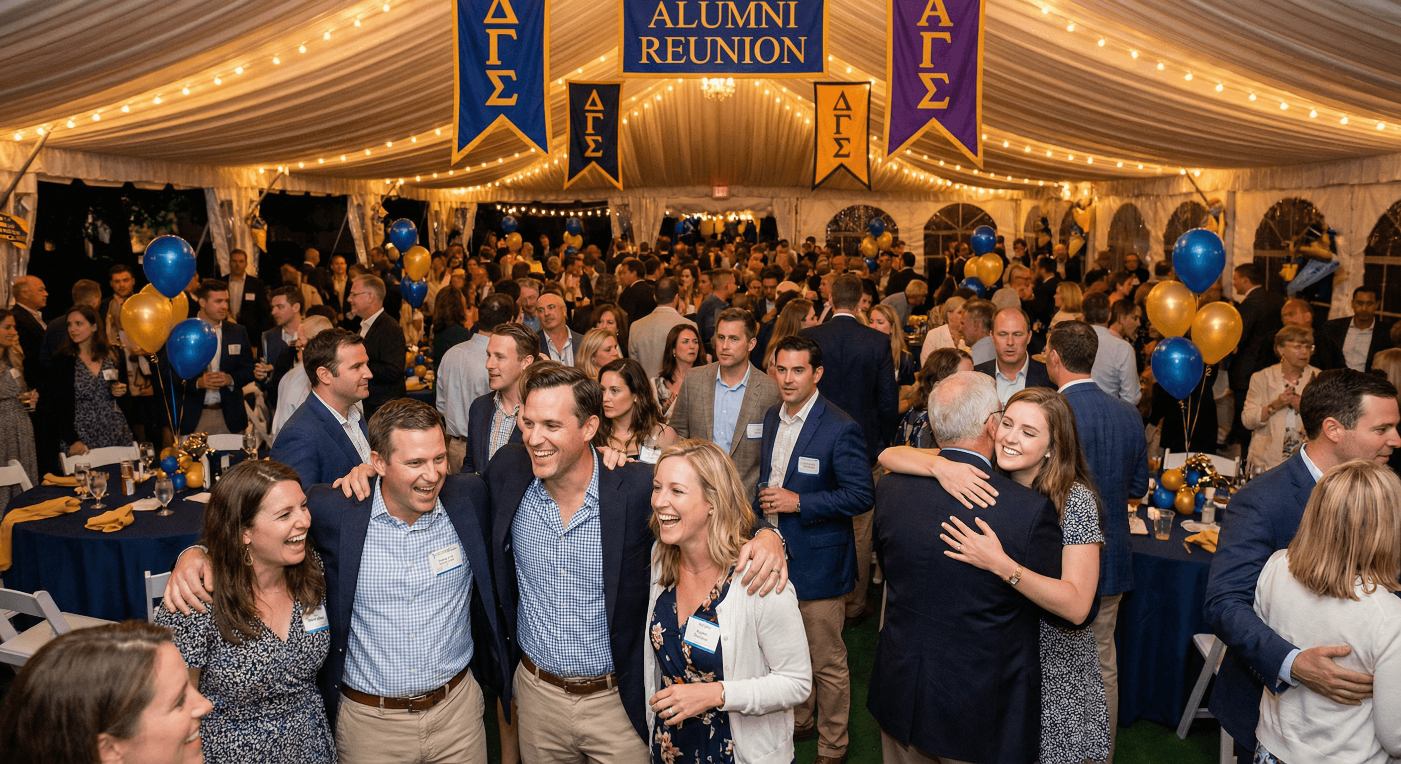 Large fraternity sorority alumni reunion event with hundreds of engaged Greek organization members reconnecting and celebrating under a decorated tent