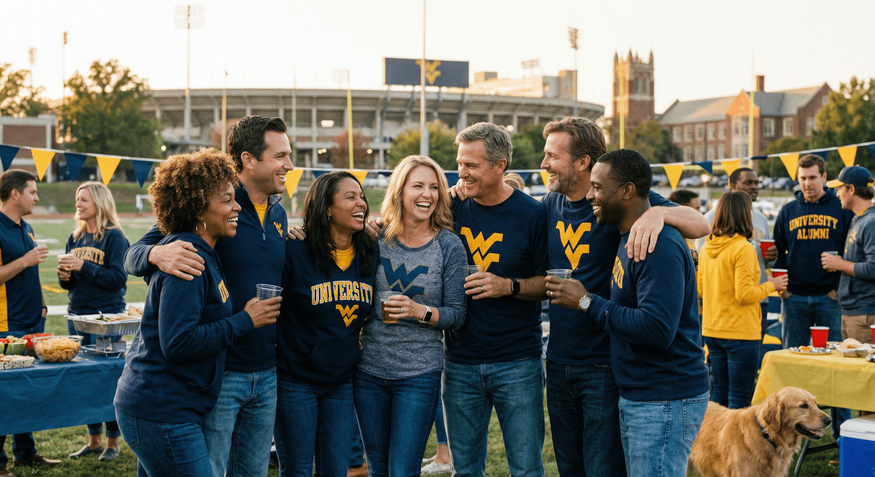 University alumni homecoming reunion with diverse graduates in school colors reconnecting at a tailgate event on campus connected through Networkli alumni engagement platform