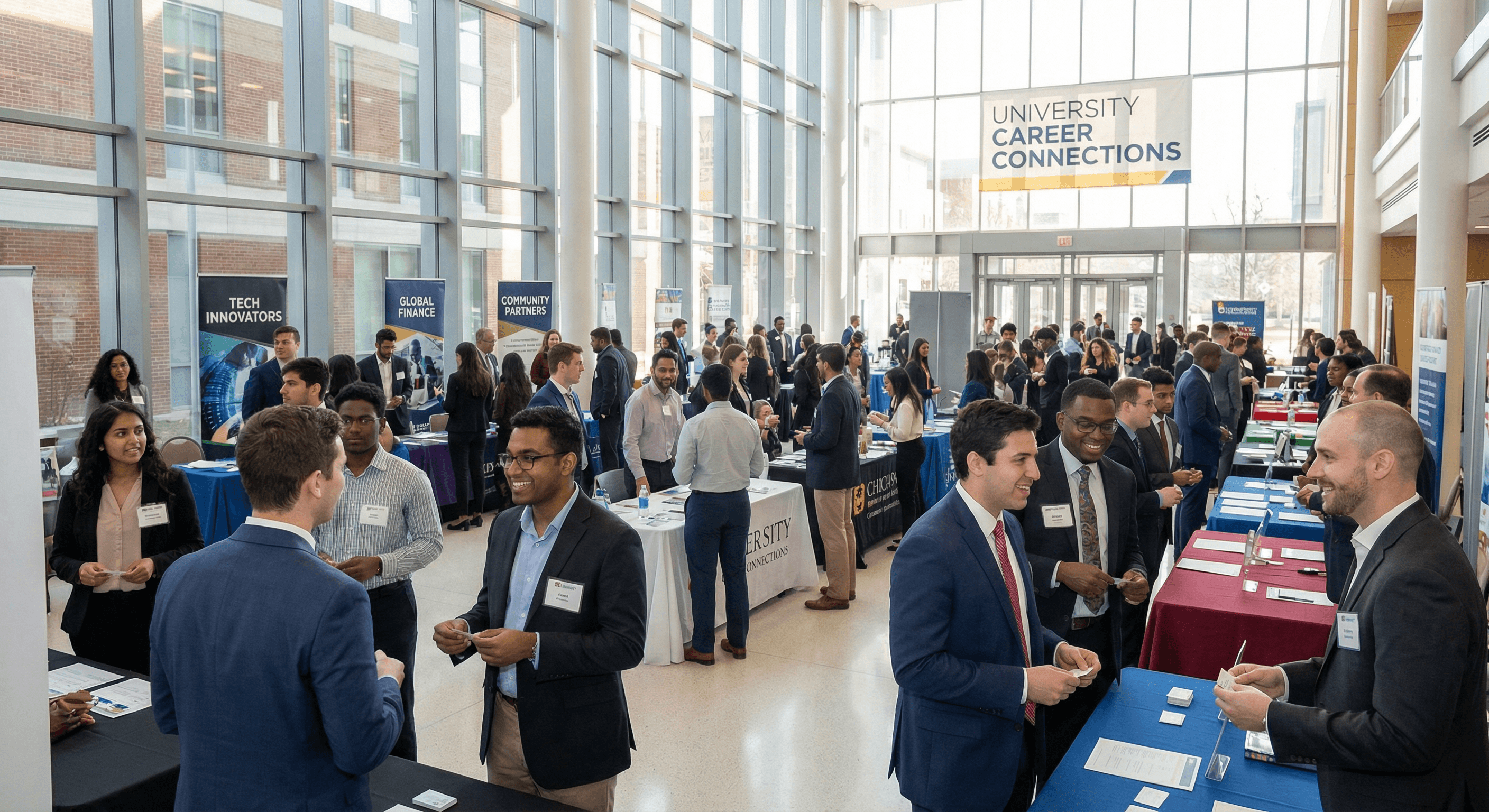 University career fair with diverse students and alumni networking in a modern campus atrium connected through Networkli higher education alumni engagement platform