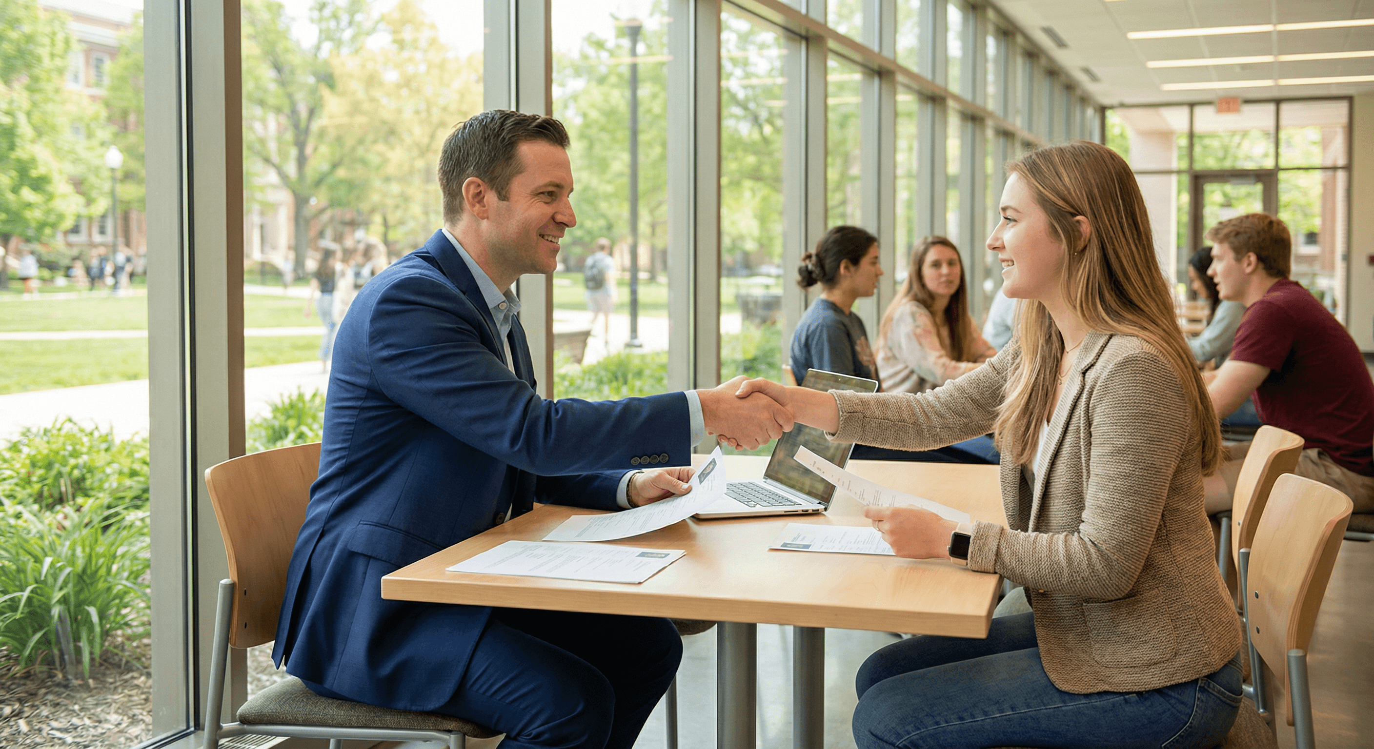 University alumni mentor shaking hands with a college student at a campus career center during an AI-matched mentorship session through Networkli student alumni engagement platform
